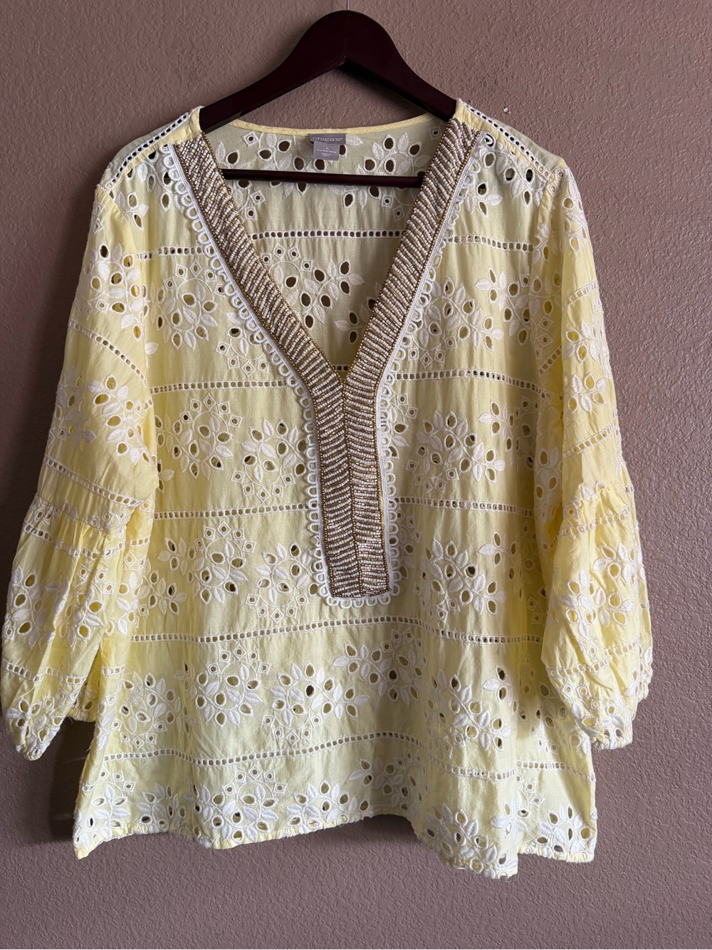 Chico's Yellow Eyelet Beaded V-Neck Tunic Chico’s Size 4 or 20/22